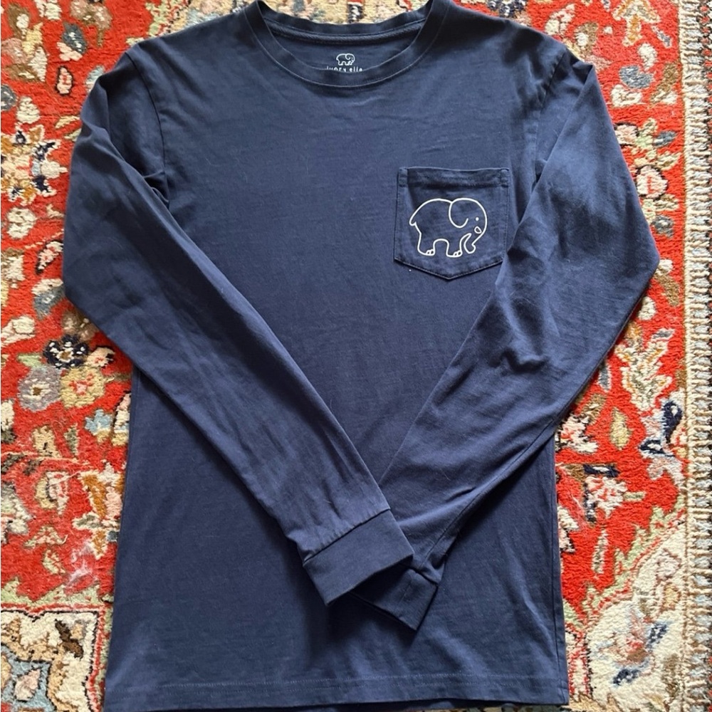 Ivory Ella Navy/White Women’s Cotton LS Tee W/Paisley Elephant EUC XS